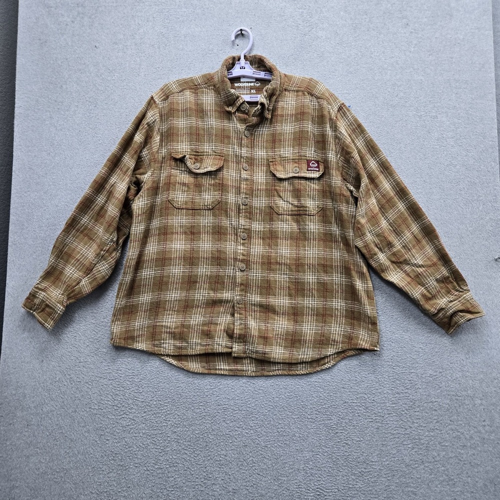 Wolverine‎ Men Button Up Shirt XL Brown Plaid Flannel Logo Long Sleeve